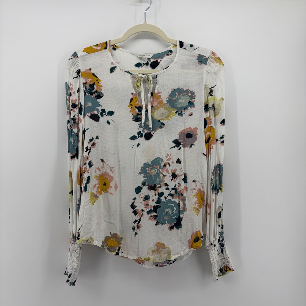 Lucky Brand Womens Small White Floral Blouse Smocked Cuff Keyhole Tie Top